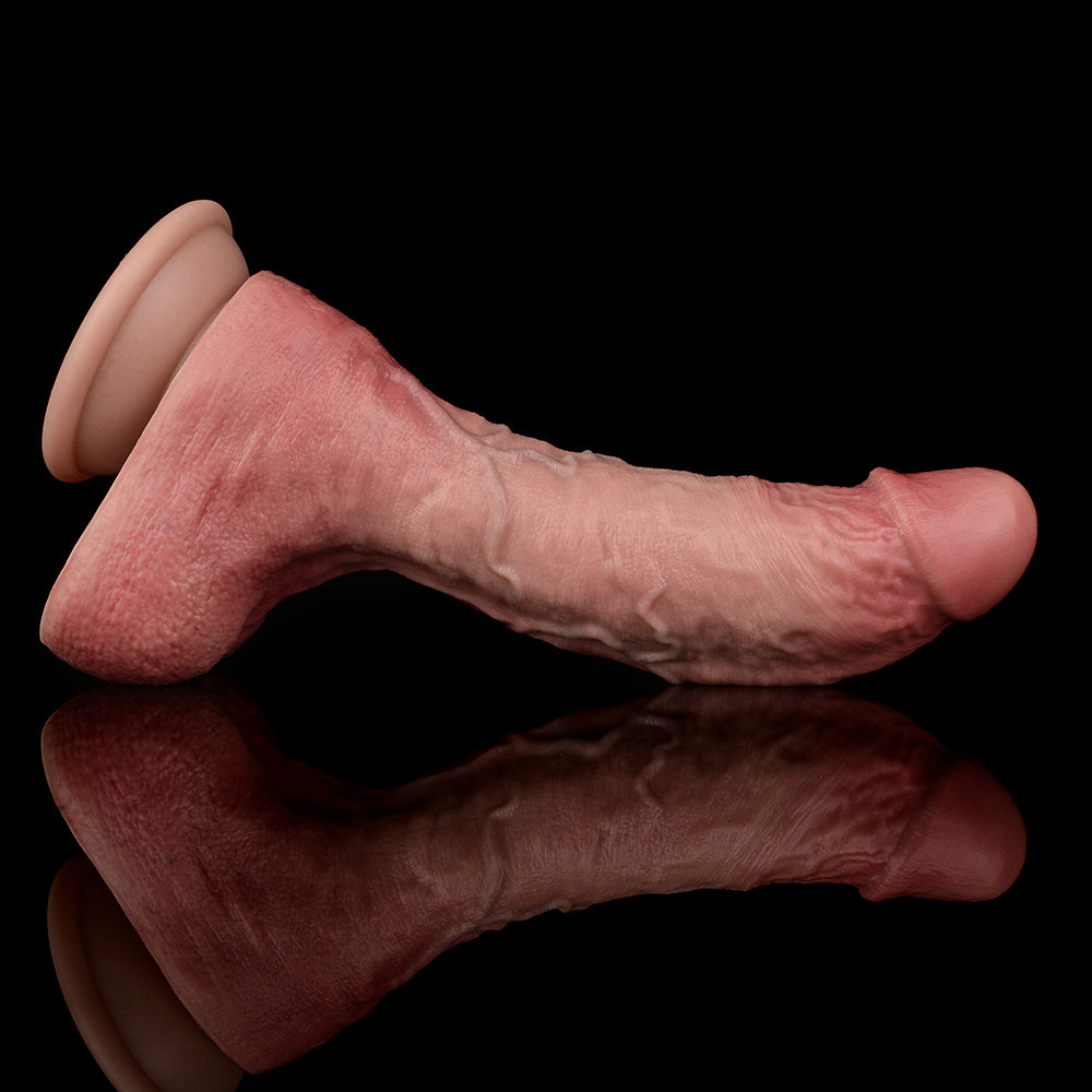 Rosa gebogenes Dildo, seitliche Ansicht, realistische Struktur auf dem Schaft