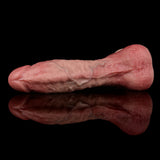 Rosa gebogenes Dildo in Längeansicht, strukturierte Oberfläche mit breiter Basis
