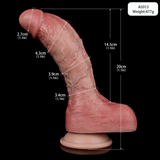 Rosa gebogenes Dildo mit Größenangaben-Overlay, breiter Standfuß mit Ring