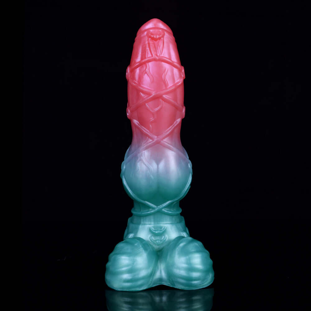Upright fantasy dog alien sex toy, pink head and teal base with knotted ring