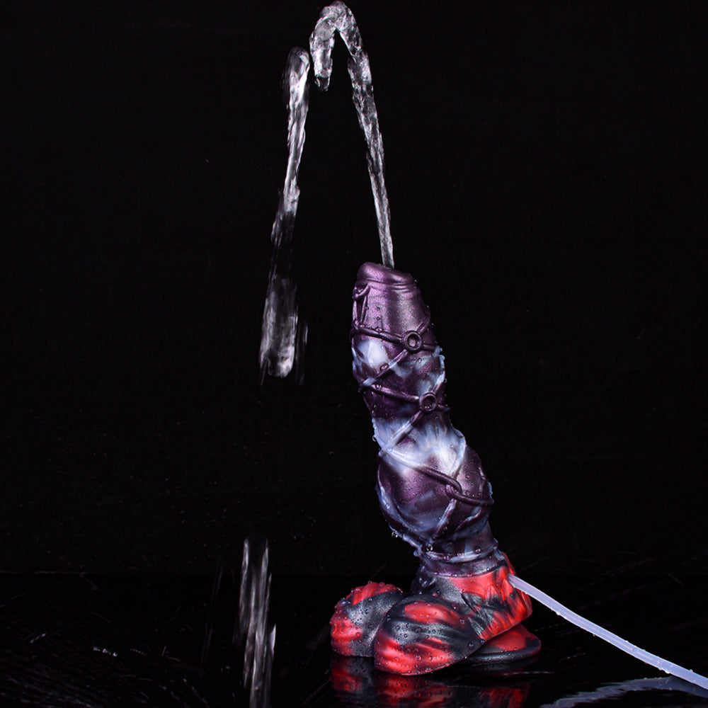 Hanging clear tube attached to purple alien-themed squirting dildo