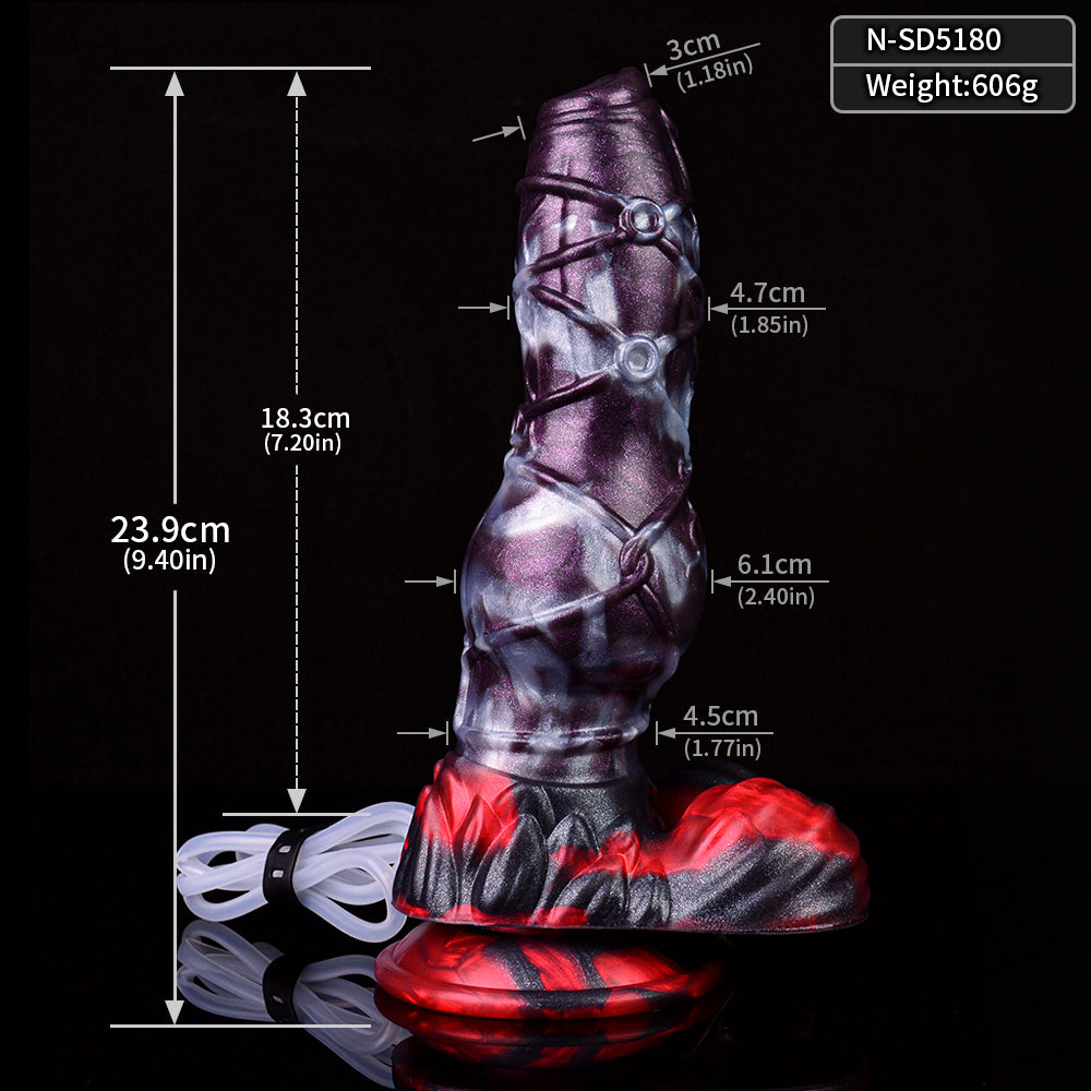 Alien dildo with red base—size diagram and measurements shown
