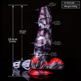 Alien dildo with red base—size diagram and measurements shown