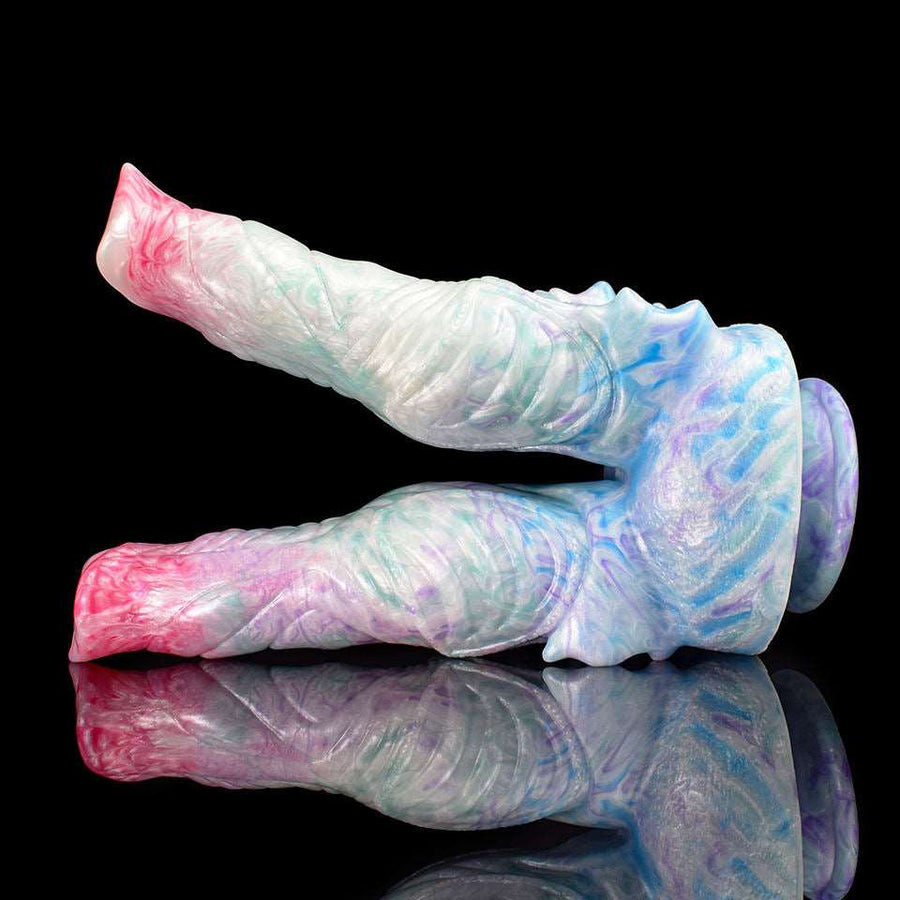 Two-hole butt plug side view, marbled blue, white, and pink double-prongs