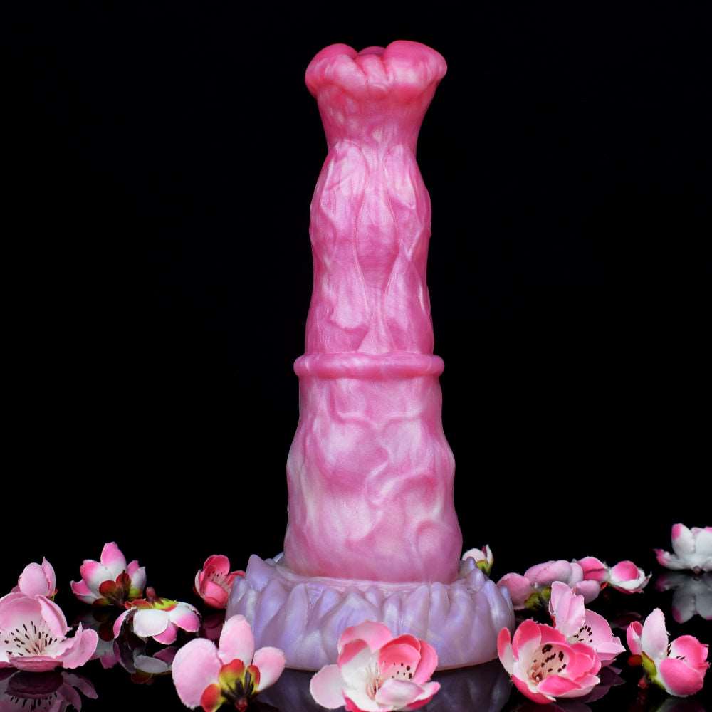 Pegasus-Dildo in Pink, Vorderansicht mit breitem Fuß und geripptem Saum