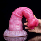 Pegasus-Dildo in Pink, Handgriff-Ansicht mit breitem Fuß und geripptem Rand