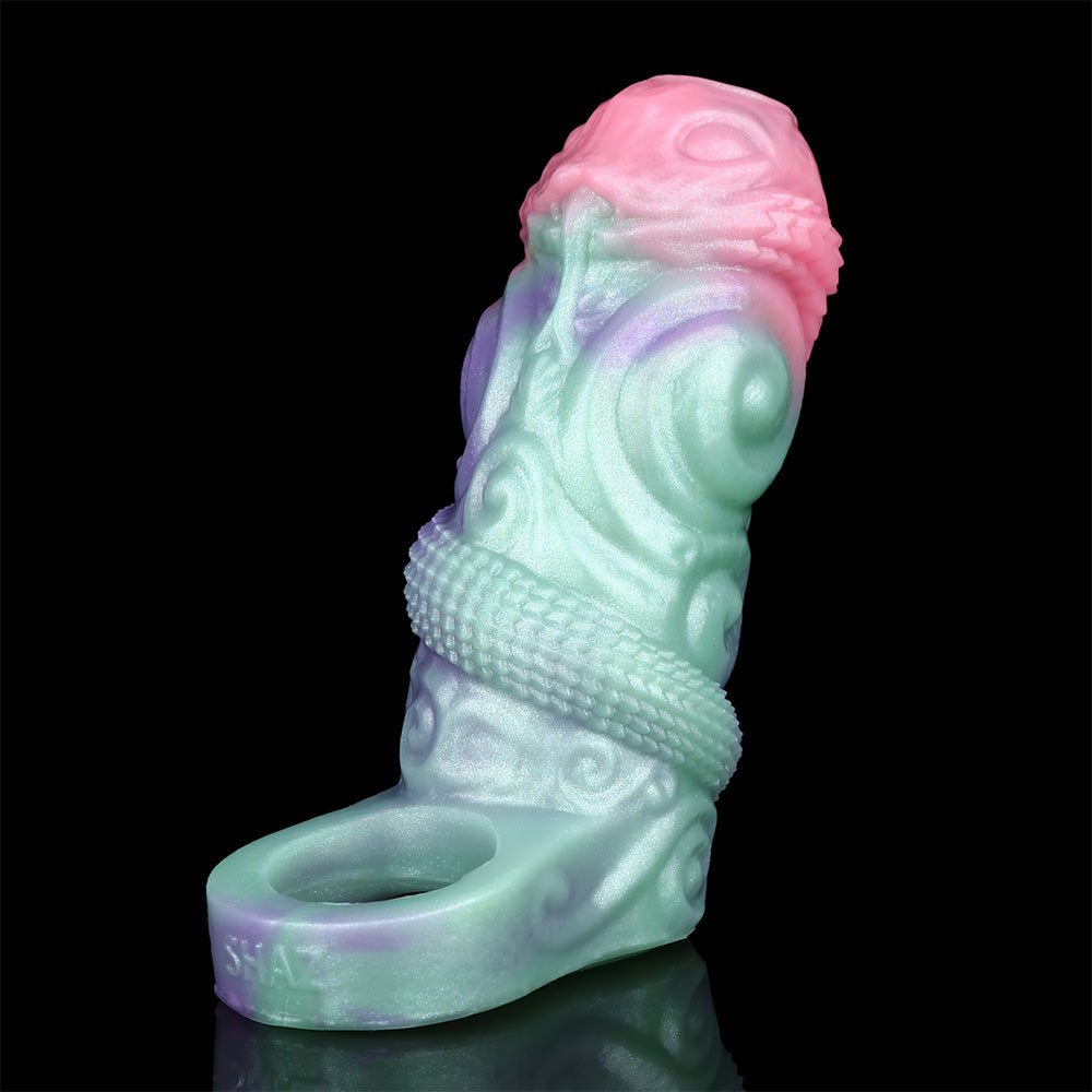 Pastel silicone alien sleeve extender with raised swirls and molded open cup
