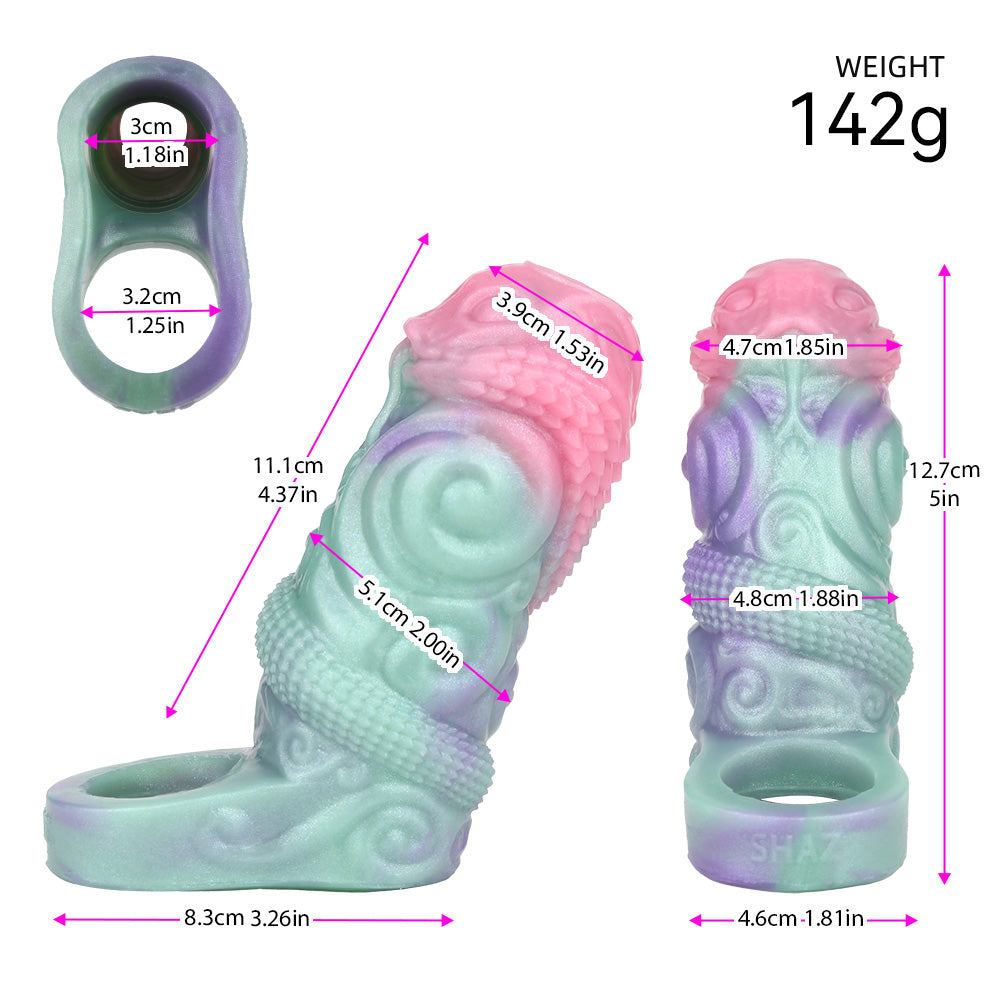 Pastel silicone alien sleeve extender with open ring end and textured body