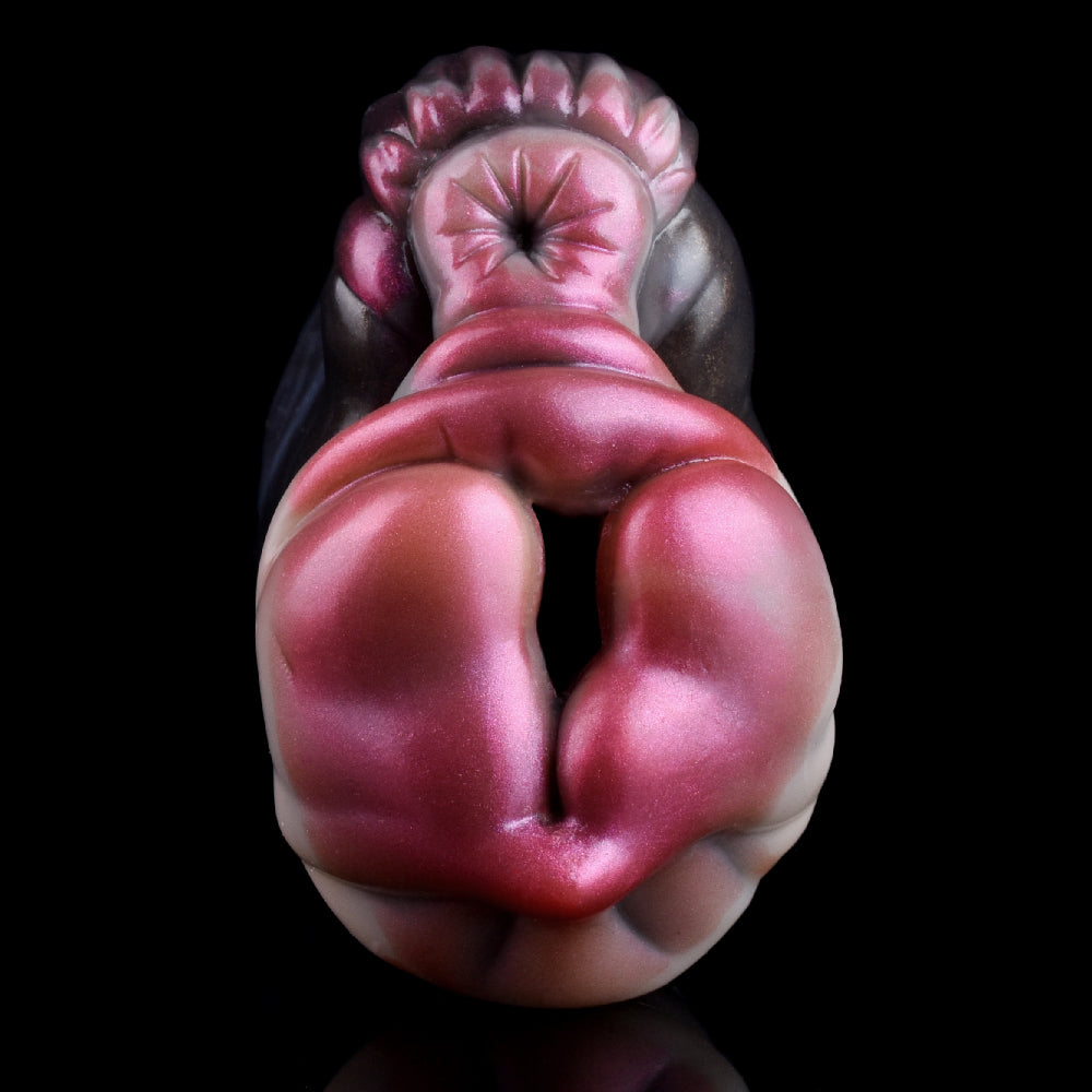 Rabbit-faced sex toy with glossy pink front, dark gray head, realistic ear creases
