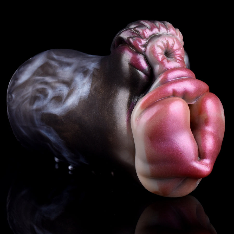 Rabbit-shaped fleshlight rear/side view, grey body with pink base and ears