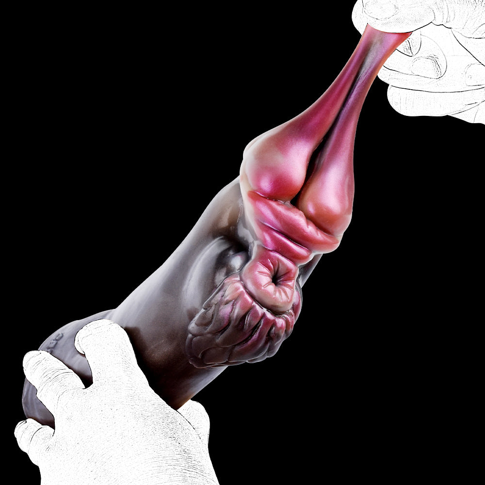 Rabbit-shaped sex toy held by gloved hands; pink face and dark gray body