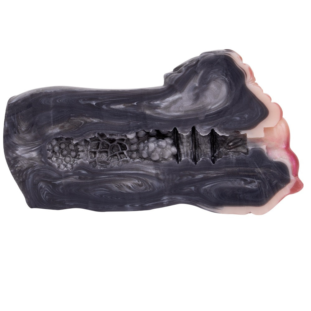 Dark rabbit-shaped fleshlight with textured ridges and internal openings