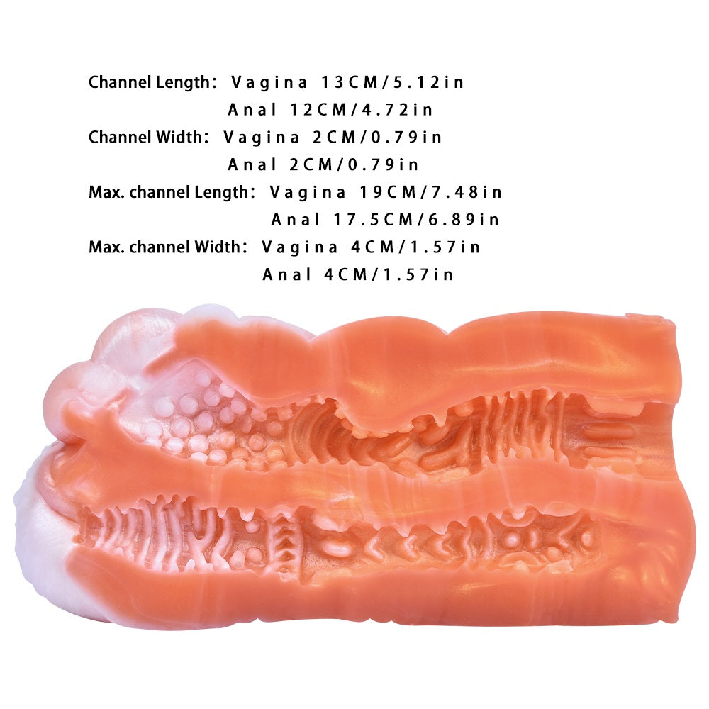 Dual-hole fleshlight cutaway showing ribbed inner textures across channels