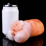 Dual-hole fleshlight with white canister behind; orange and pale pink exterior