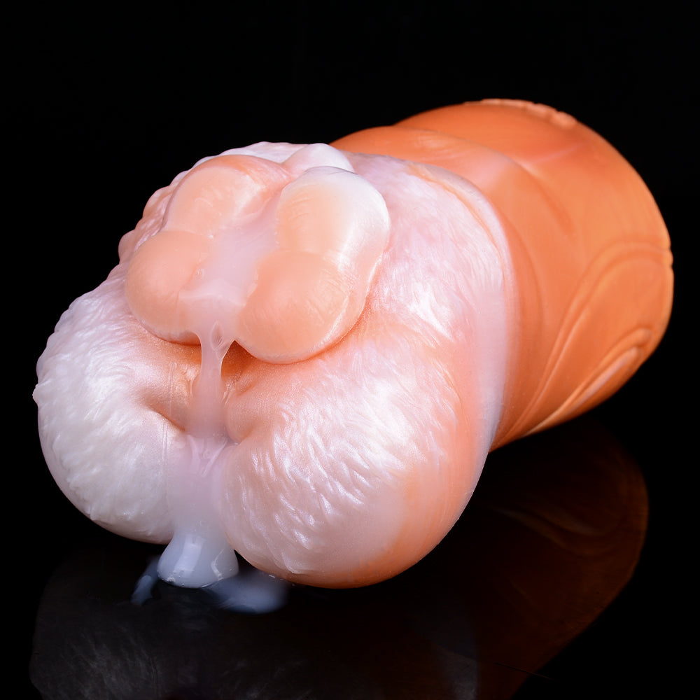 Canine dual-hole fleshlight: curled opening detail in pink and orange sections