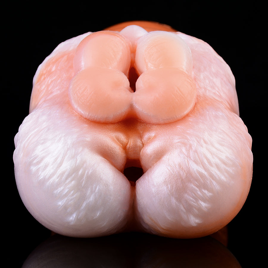 Canine-themed dual-hole fantasy fleshlight toy, close-up of dual openings in pink