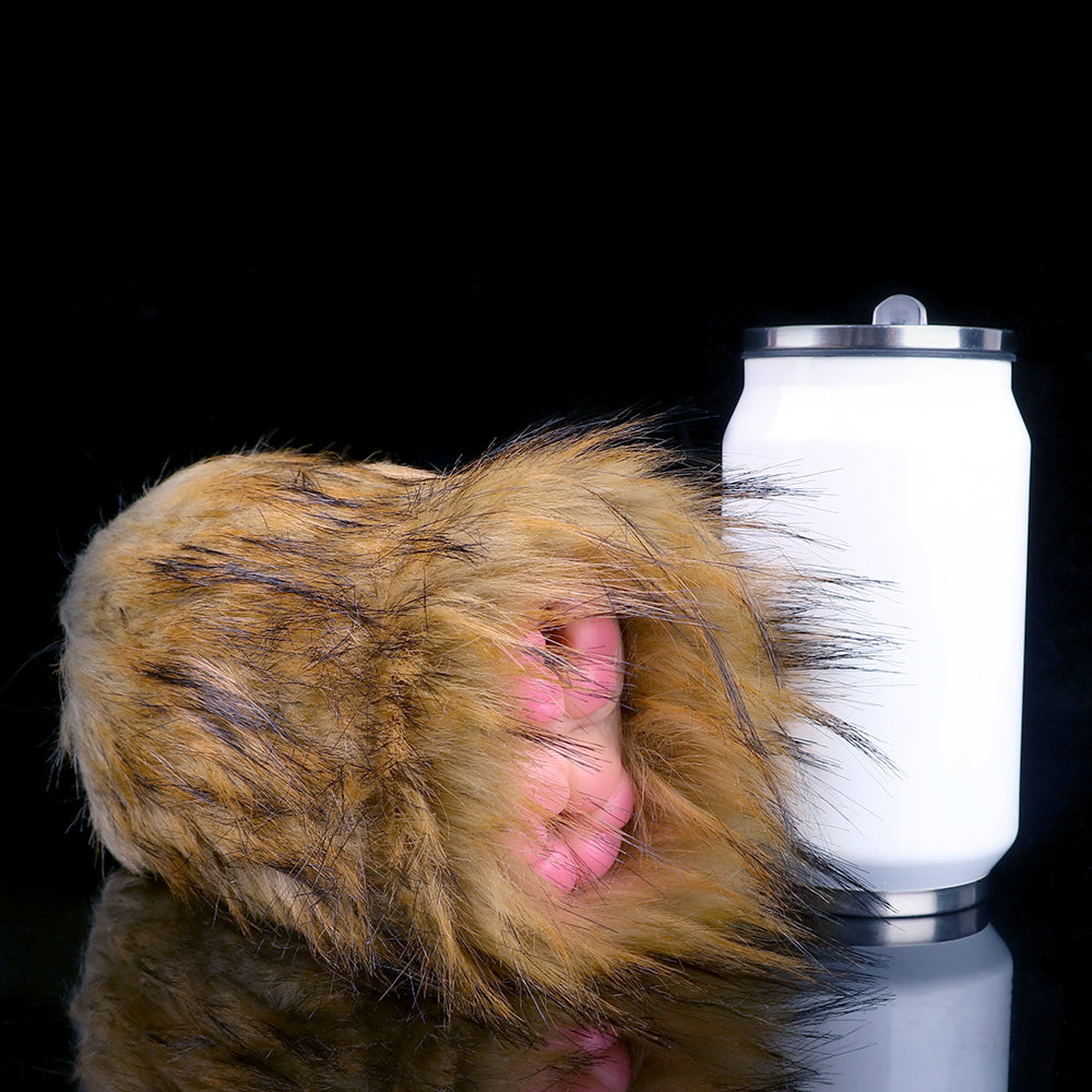 Furry animal hood stroker with one dual opening visible through the plush