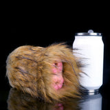 Furry animal hood stroker with one dual opening visible through the plush