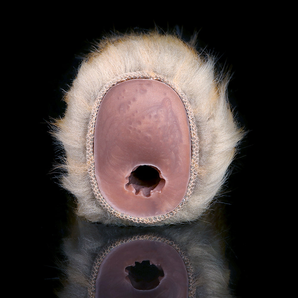 Back view of dual-hole stroker with two circular openings in plush fur