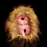 Furry animal hood stroker with both openings exposed through brown-gold fur
