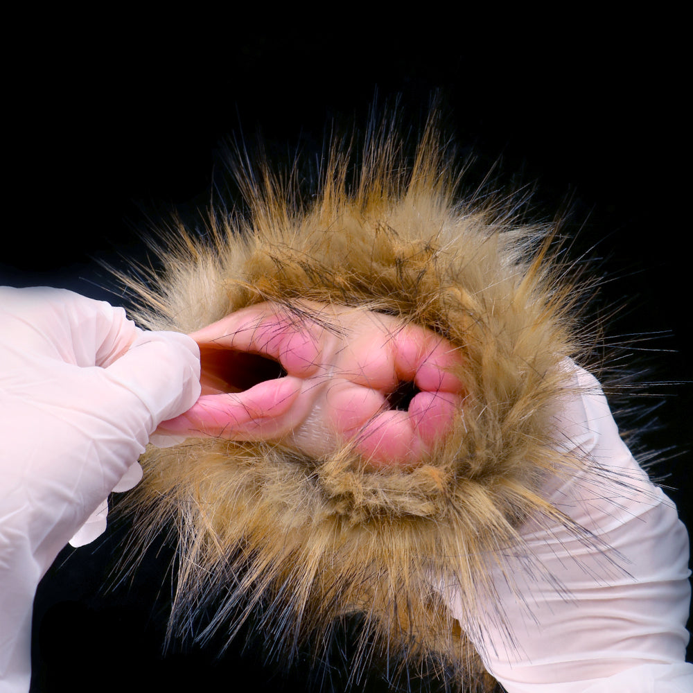 Faux-fur dual-hole stroker with open muzzle and two openings