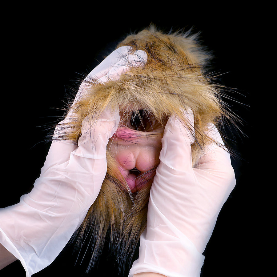 Furry animal dual-hole stroker with tan-brown faux fur hood and two openings