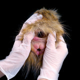 Furry animal dual-hole stroker with brown-gold faux fur hood and two openings