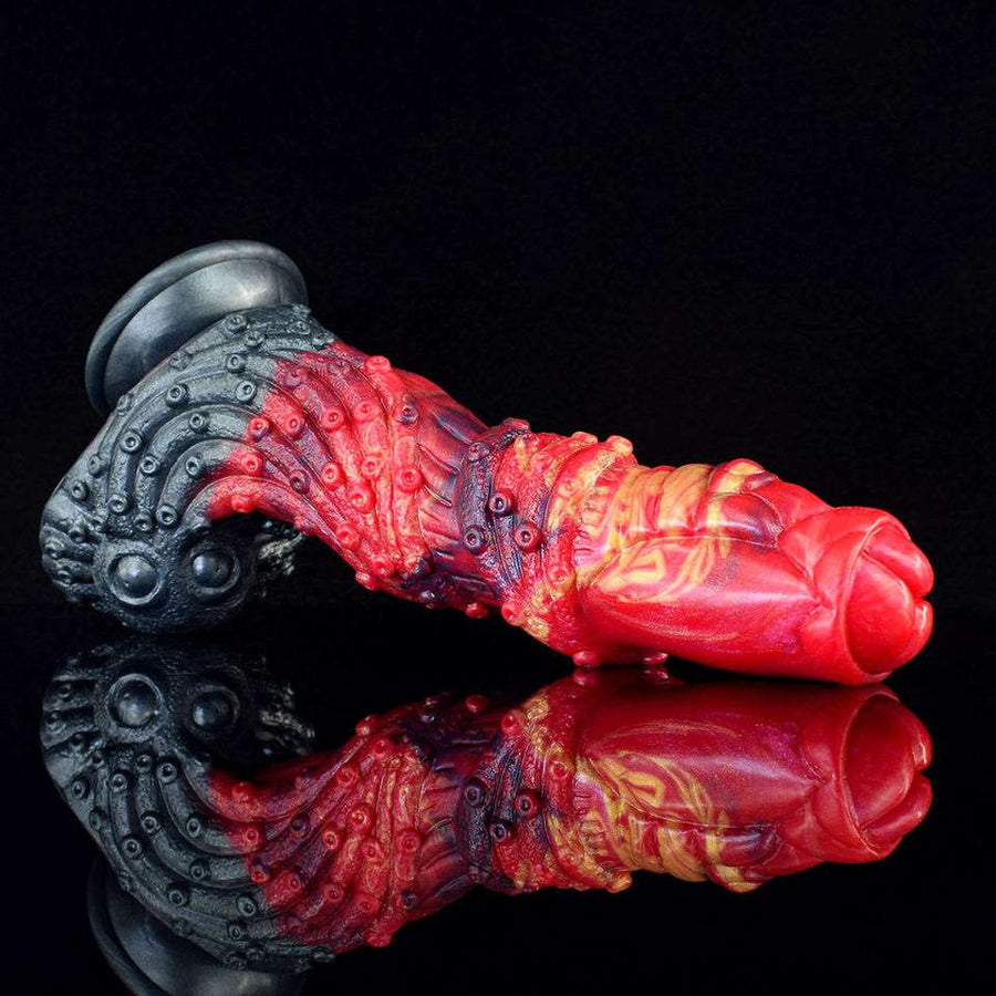 Dragon-shaped sex toy with red body and dark gray head, curved design on base