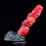 Side view fantasy-curve dragon dildo, red ribbed body and dark metallic base with suction