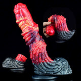 Dragon dildo with fantasy curve on suction base, red and dark metallic ridged surface