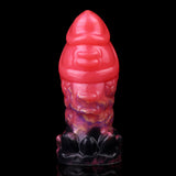 Dragon knot butt plug front view, glossy pink head and black ribbed base
