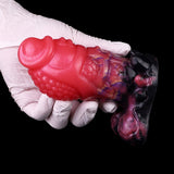 Fantasy dragon-knot anal dildo, glossy red with purple and black swirls