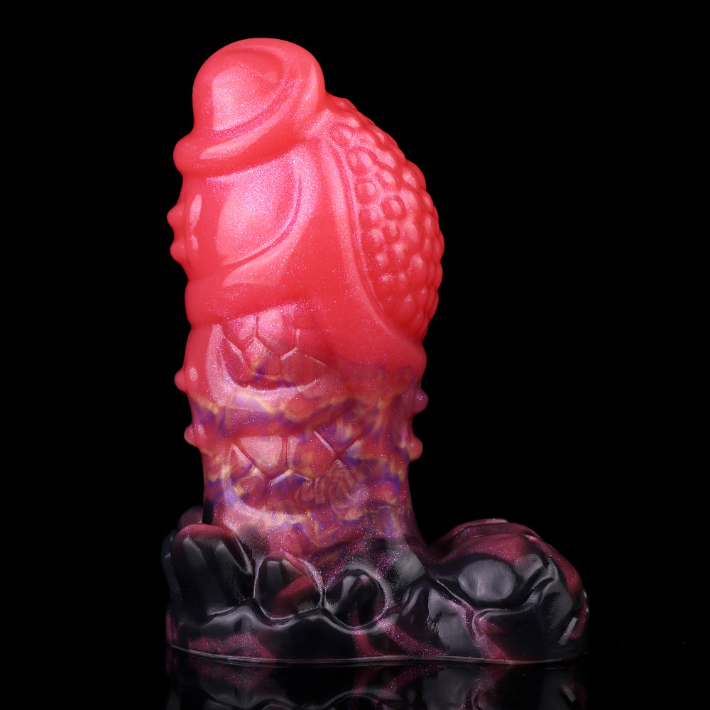 Fantasy dragon knot butt plug, glossy pink and purple scales with black base ring