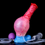 Angled view of pink expanding dildo, red ridged tip, blue base with air tubes