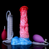 Expanding dildo upright with blue base, red tip, connected tubing and measuring syringe