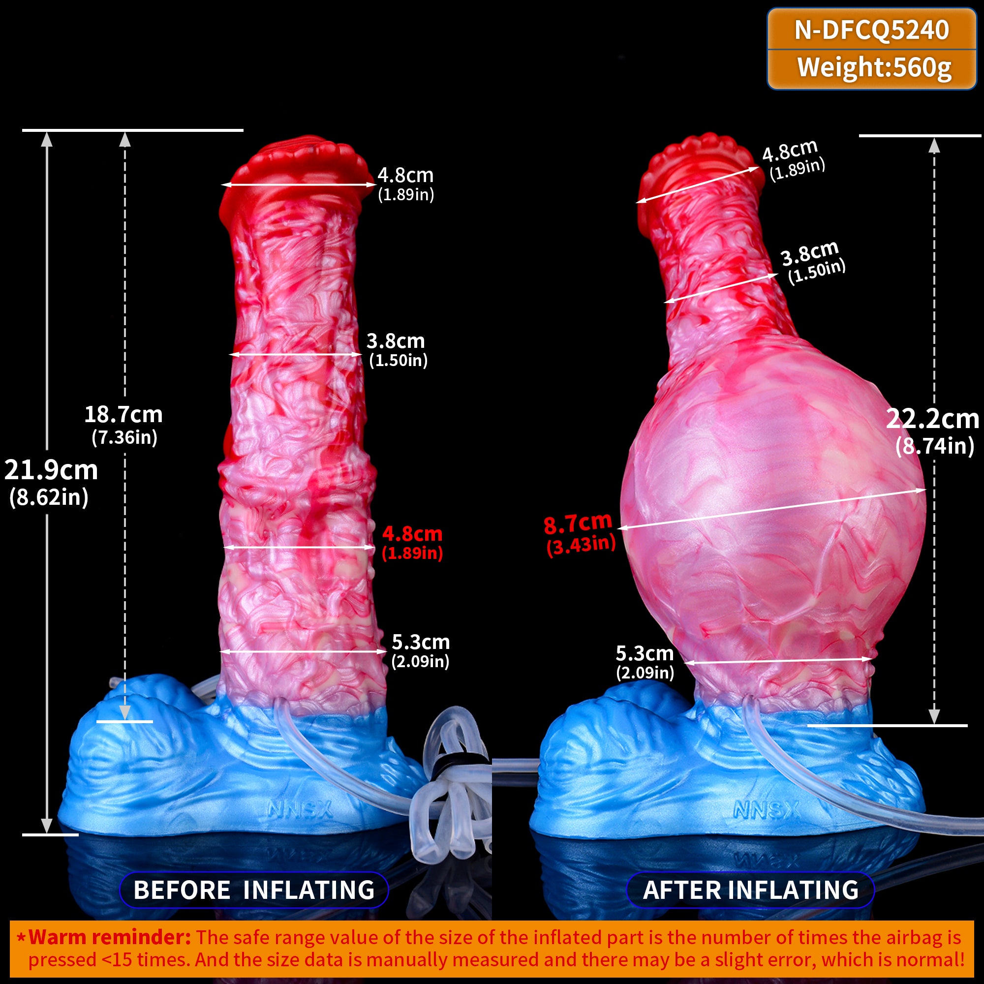 Size diagram of expanding dildo: pink/red textured shaft, blue base, tube attached