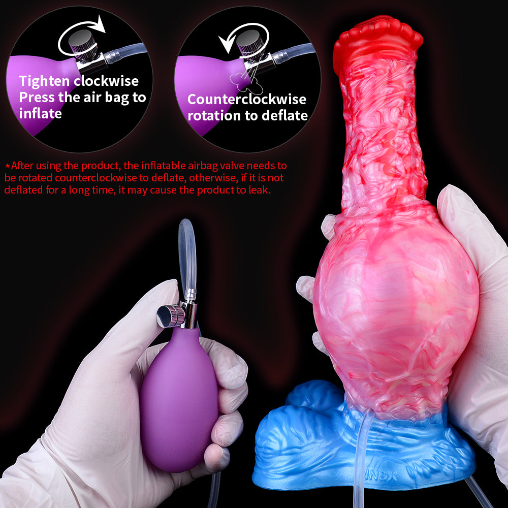 Inflation guide view of pink/red expanding dildo with blue base and white tube