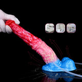 Expanding dildo expanding illustration: pink/red shaft on blue base with attached tube