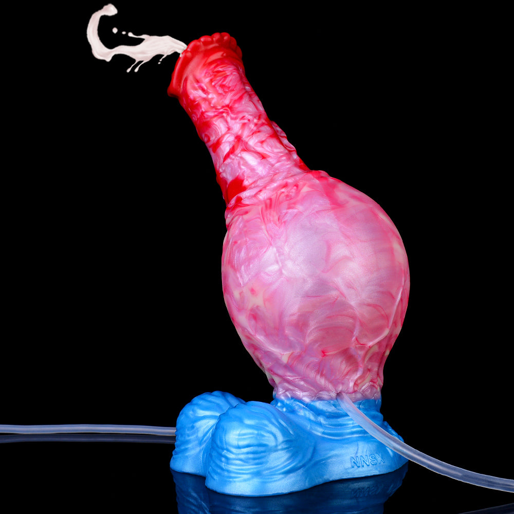 Pink/red expanding dildo head and shaft with white tube, blue base, upright angle