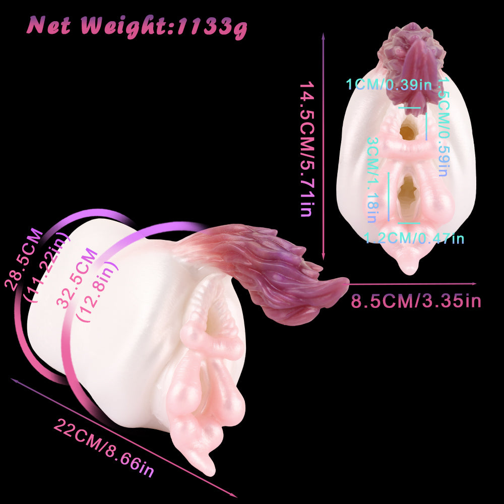 Maßgrafik des Masturbators: 14,5 cm Länge und 1133 g Nettogewicht