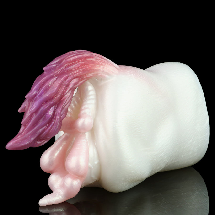 White dual masturbator sleeve with pink ridged internal insert and molded fingertip details
