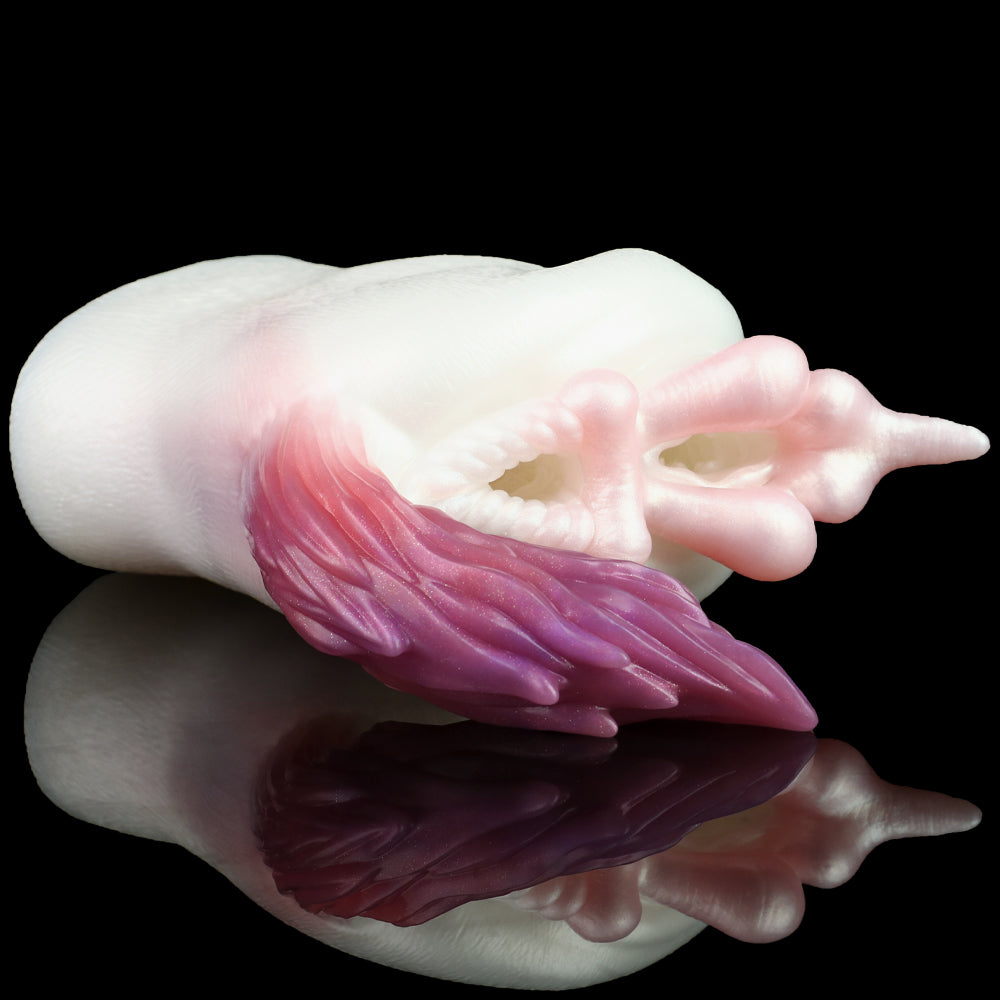 Dual-ended fleshlight with white sleeve and pink/purple wing-like textured insert