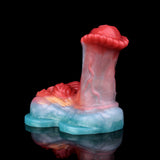 Horse cock grinder toy, front 3/4 view; red head and blue base