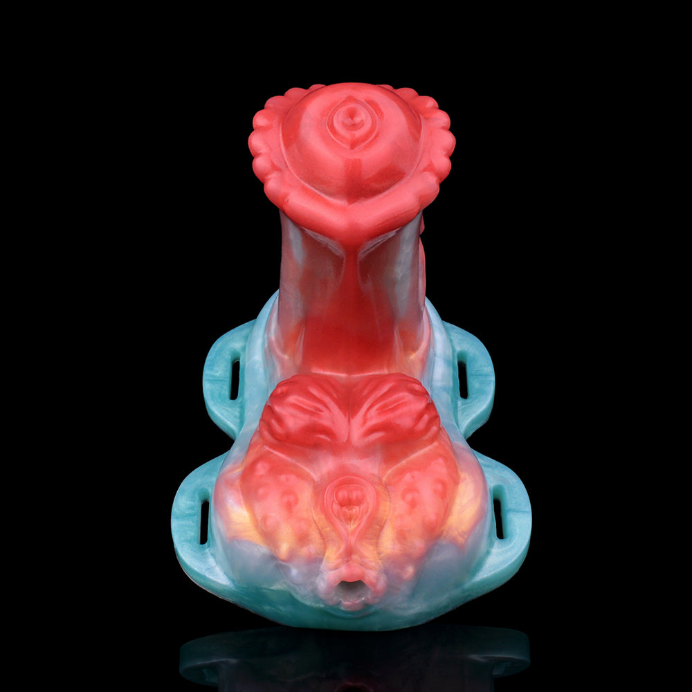 Horse cock grinder toy, top view of red head and blue base