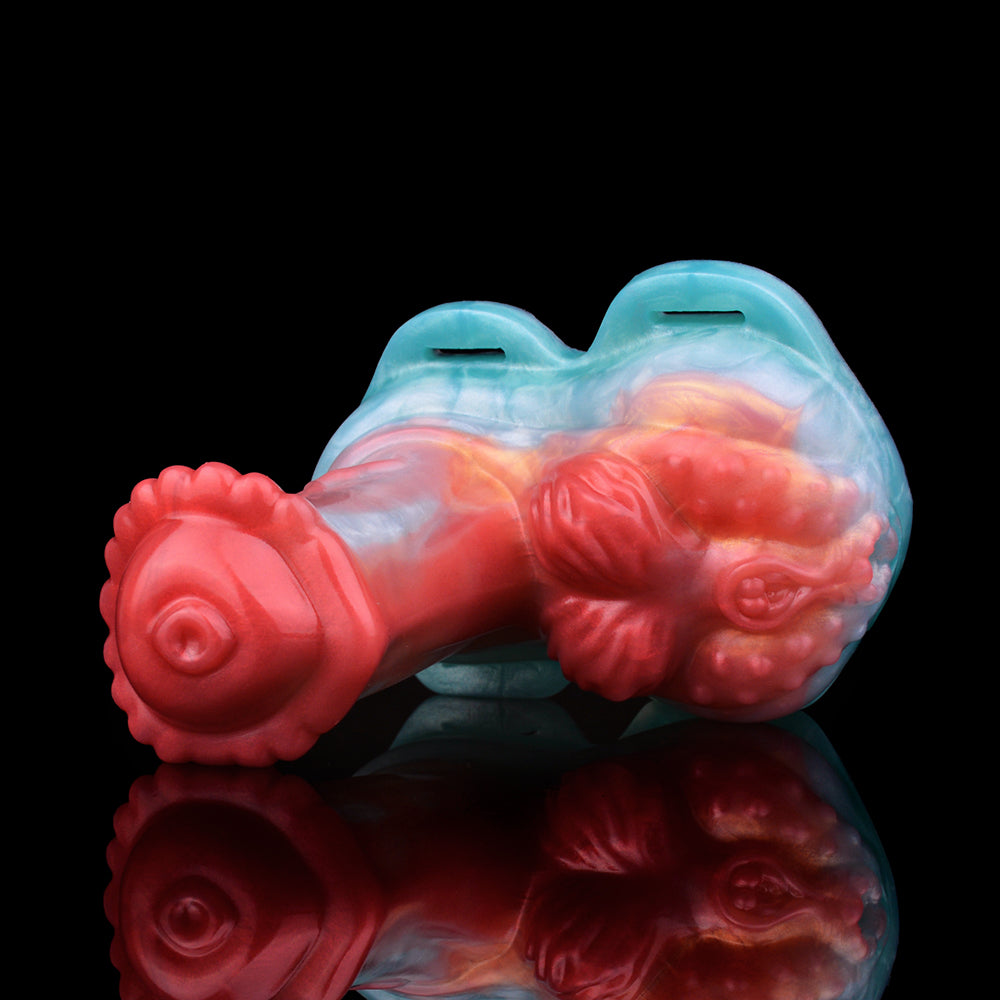 Horse cock grinder toy, underside view; blue frame and red shapes