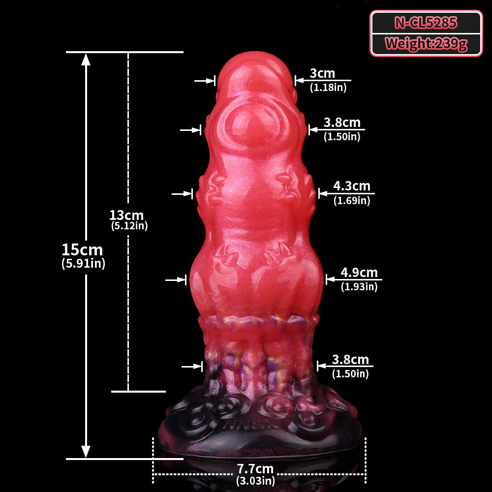 Ribbed alien butt plug with size diagram; glossy red body and dark purple base.