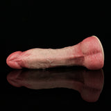 Realistic silicone dildo, pink textured shaft and round glans, side view