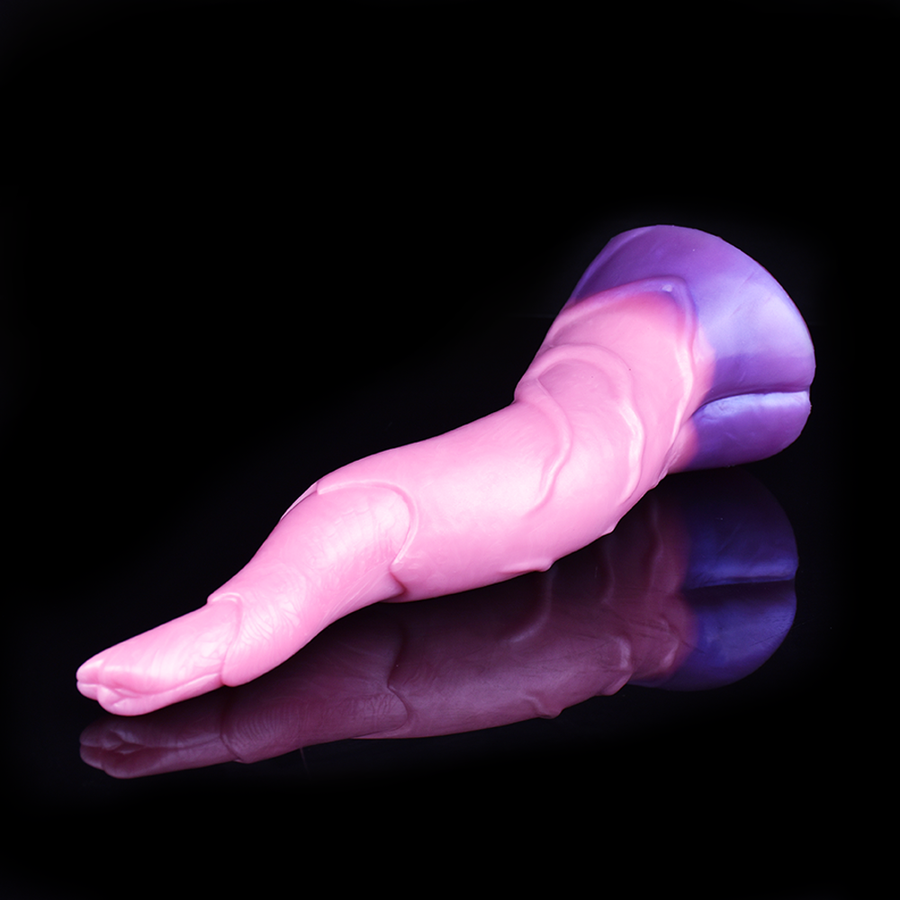 Pink fantasy butt plug/dildo with curved shaft and deer-horn style tip; glossy finish