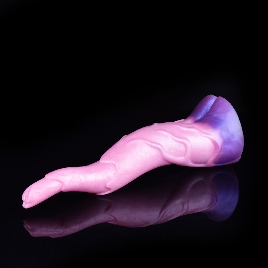 Pink fantasy butt plug/dildo with curved base and deer-horn style tip, glossy finish