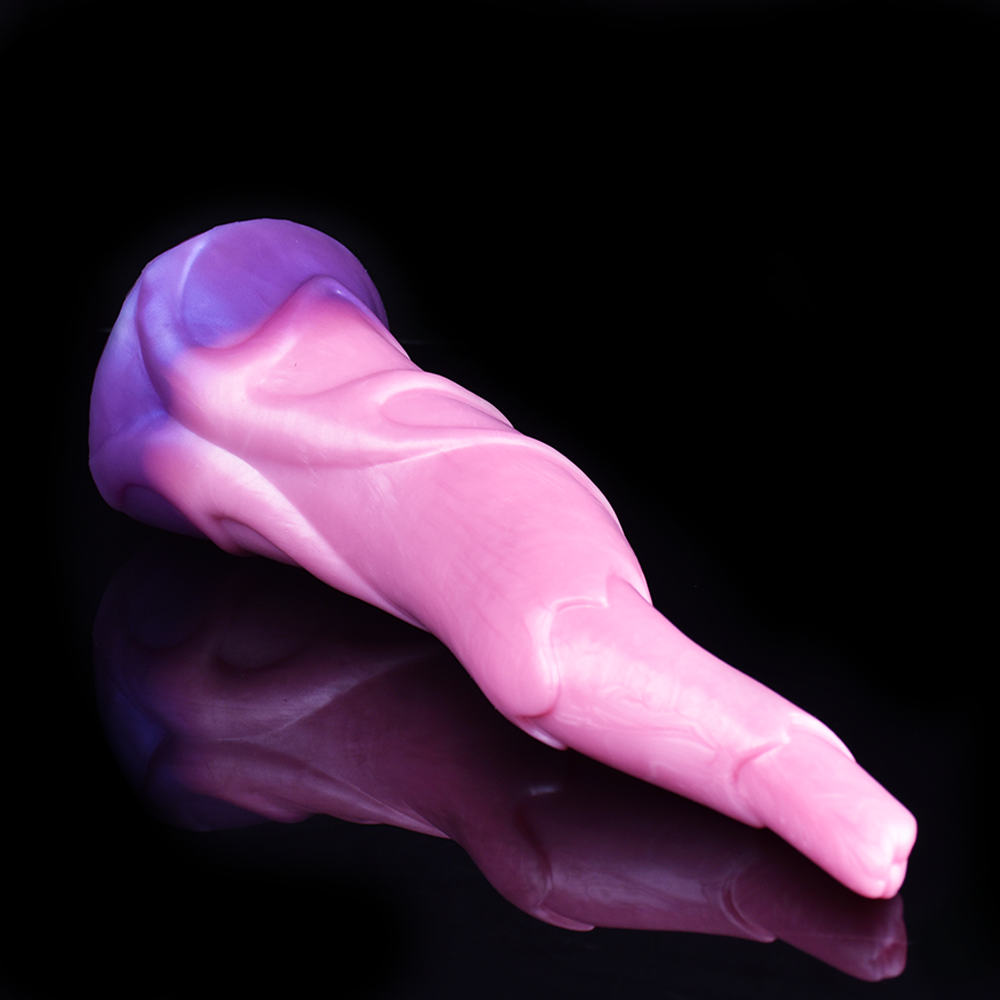 Pink fantasy butt plug dildo angled view; rounded tip and flared base visible
